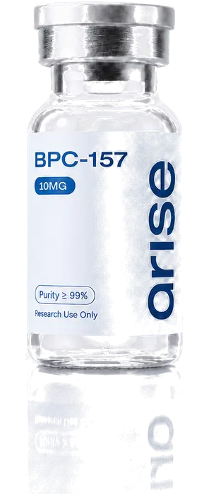 An Arise Biolabs BPC-157 vial, powder-blue label and dark gunmetal flip cap